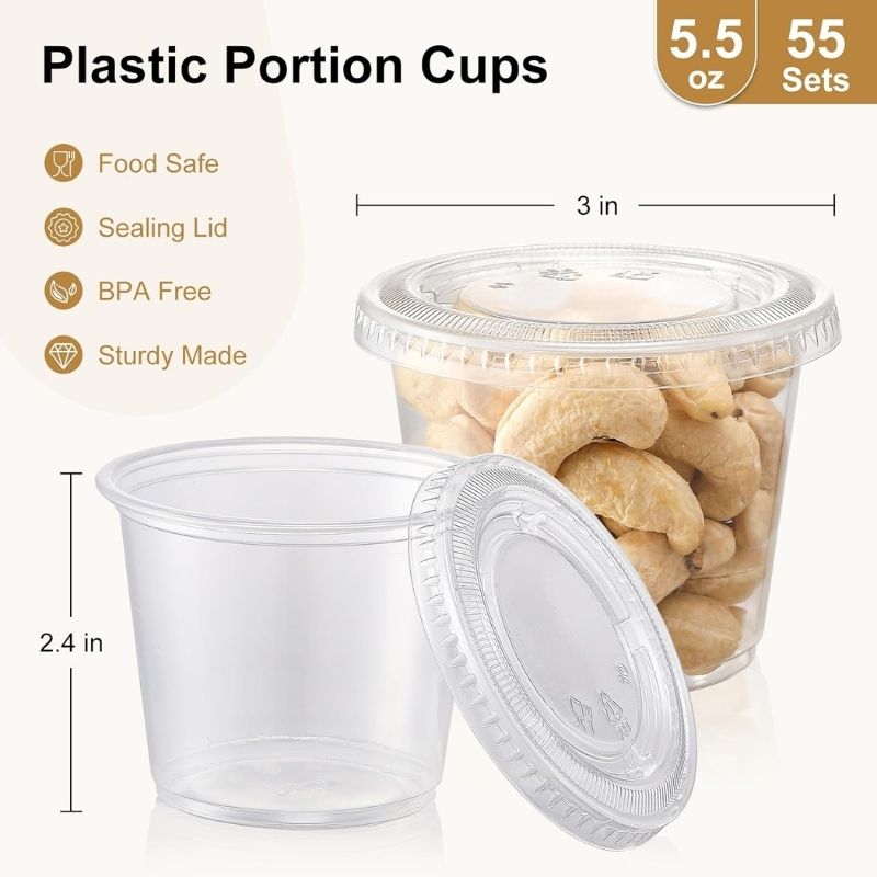 AOZITA [55 Sets – 5.5 oz Portion Cups With Lids, Jello Shot Cups, Small Plastic Containers, Airtight and Stackable Souffle Cups