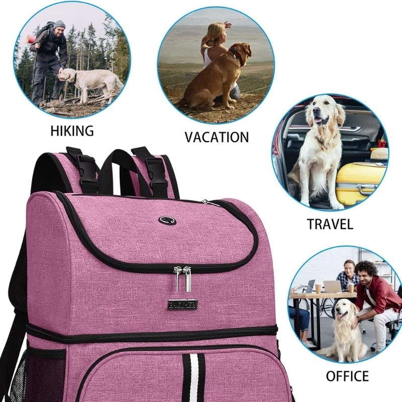 BAGLHER Pet Travel Bag, Double-Layer Pet Supplies Backpack (for All Pet Travel Supplies), Pet Travel Backpack with 2 Silicone Collapsible Bowls and 2 Food Baskets Pink