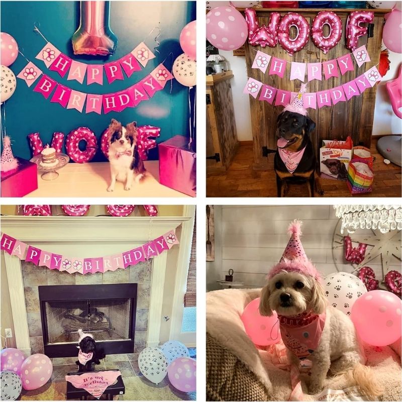 Dog Birthday Party Supplies – Dog Girl Birthday Bandanas Set with Dog Birthday Hat, Scarf, Birthday Banner, Balloons and Bowtie. Puppy Dog Pals Birthday Party Decorations.