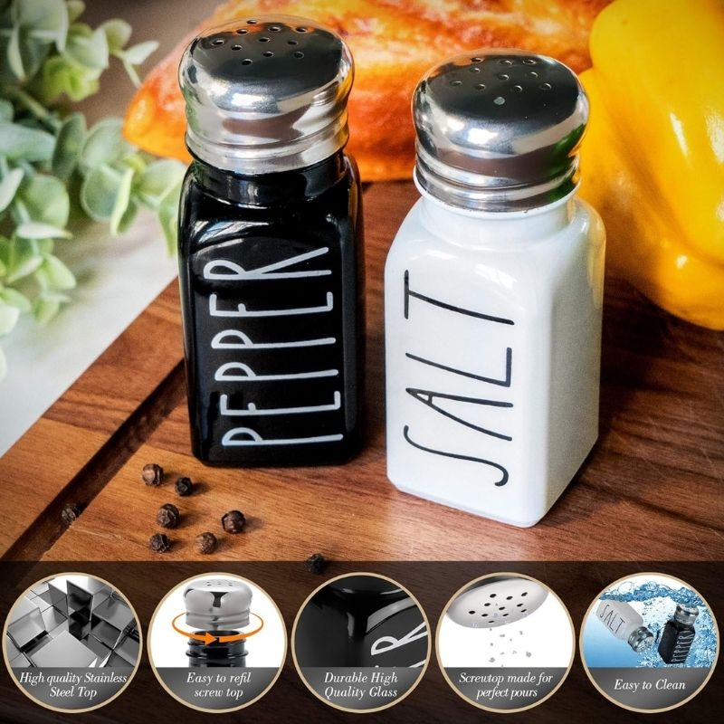 Farmhouse Salt and Pepper Shakers Set by Brighter Barns – Cute Modern Farmhouse Kitchen Decor for Home Restaurants Wedding – Gorgeous Vintage Glass Black White Shaker Sets with Stainless Steel Lids