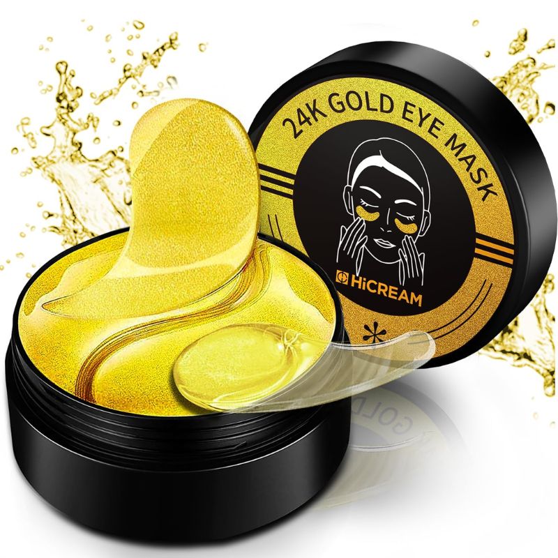 Hicream 24k Gold Under Eye Patches – 60 Pcs Eye Mask Pure Gold Anti-Aging Collagen Hyaluronic Acid Under Eye Mask for Dark Circles, Puffiness & Wrinkles Refresh Your Skin (Gold)