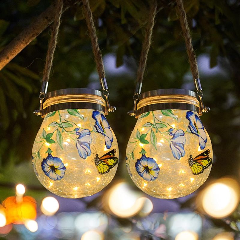 Hanging Solar Lights Outdoor Waterproof-Outdoor Lantern – 2 Pack Glass Lanterns Decorative Outdoor with Butterfly and Flower Printing for Porch,Patio,Garden…