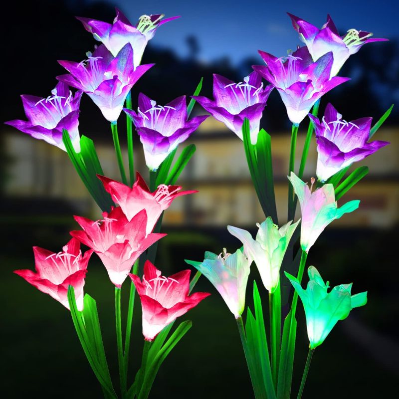 KOOPER Outdoor Solar Lights, 4 Pack Solar Garden Lights with Bigger Lily Flowers, Waterproof 7 Color Changing Outdoor Lights – Bigger Solar Panel for…