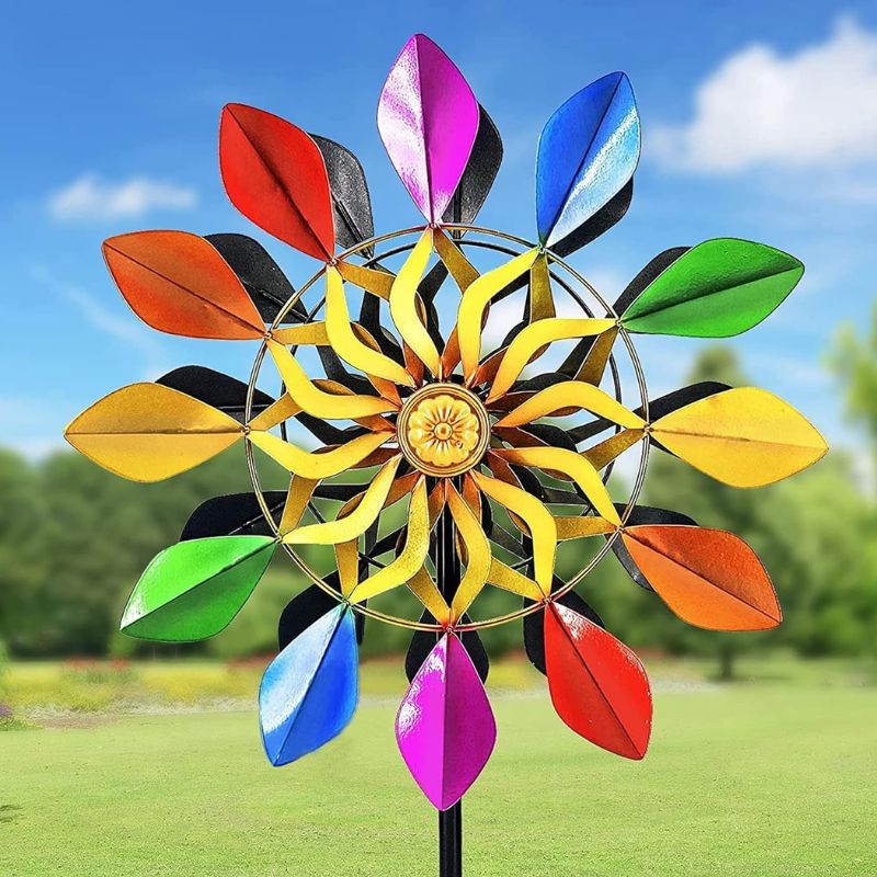 Kinetic Wind Spinners with Garden Stake, Rainbow Metal Windmill Decorations, 360 Swivel Outdoor Wind Sculpture, 63 Inch Dual Direction Colorful Wind Catcher…