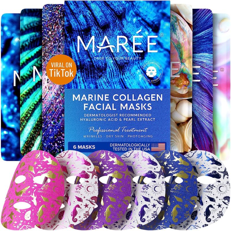 MAREE Facial Masks for Skin Care & Beauty – Sheet Masks for Face with Natural Pearl Extract, Marine Collagen & Hyaluronic Acid – Anti Aging Collagen Facial Masks for Wrinkles & Dry Skin, 6 Pack