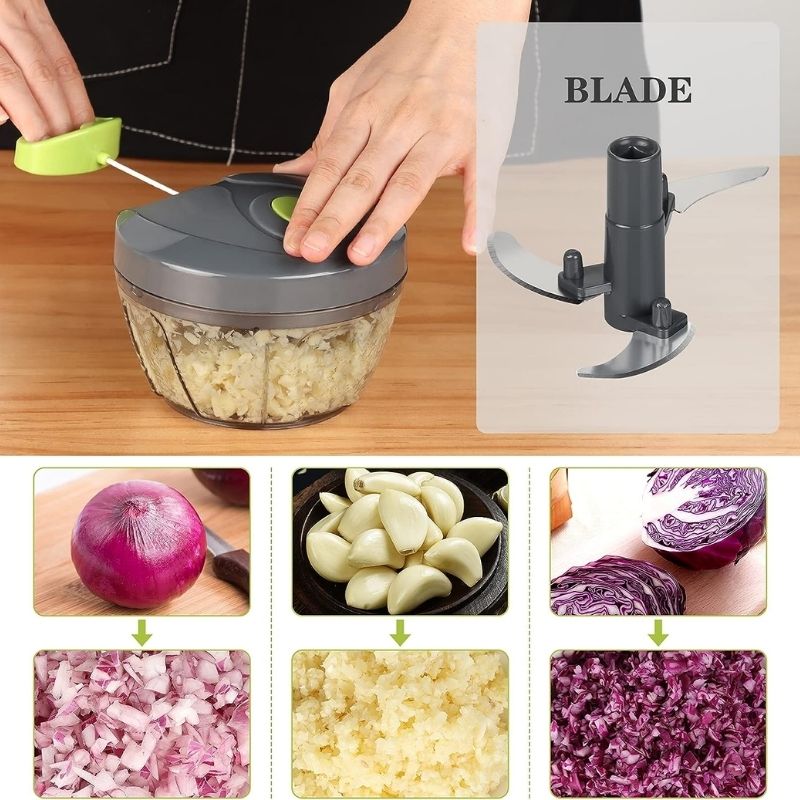 Manual Food Chopper Hand String Onions Cutter for Vegetable Fruits Nuts Durable BPA Free Food Safe Material (2 Cup-Gray)