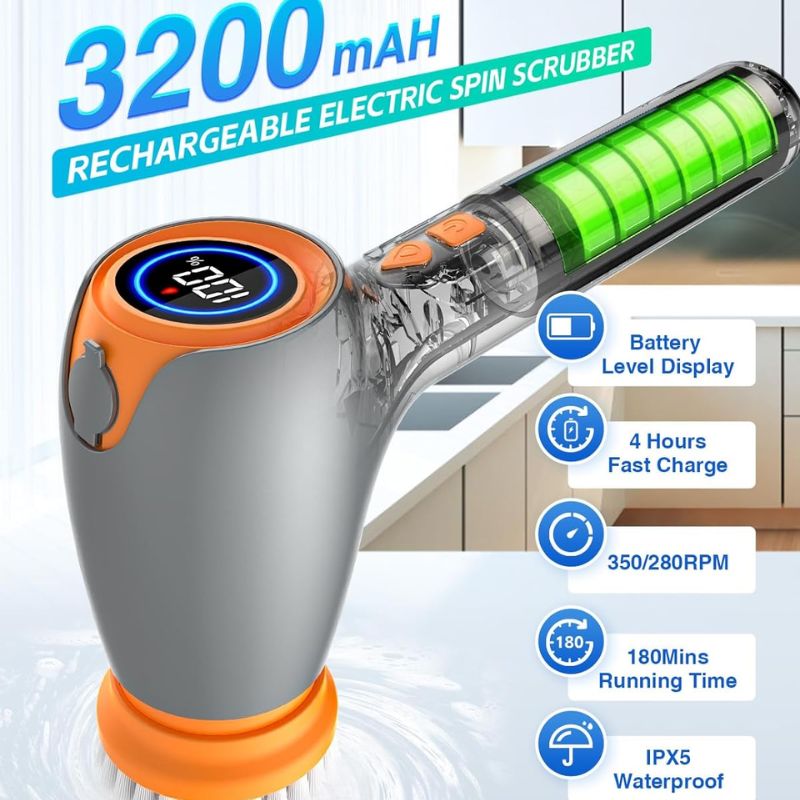 Rechargeable Cordless Electric Spin Scrubber with 5 Replacement Cleaning Brush Heads, 3200mAh Electric Scrubber for Cleaning with LED Display, 60 ML Shower Scrubber for Car Floor Sink Window Tub Tile