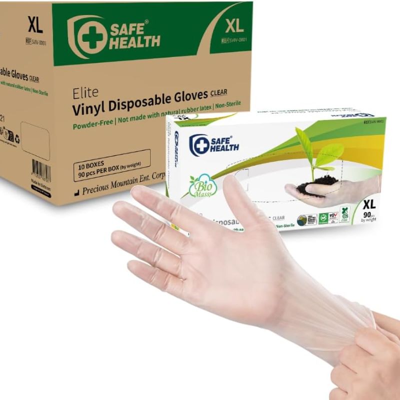 Safe Health Biomass Eco-Friendly Vinyl Disposable Gloves, USDA Certified Biobased Product, Latex Free, Powder Free, Clear, Case of 900, Xlarge, 3 mil