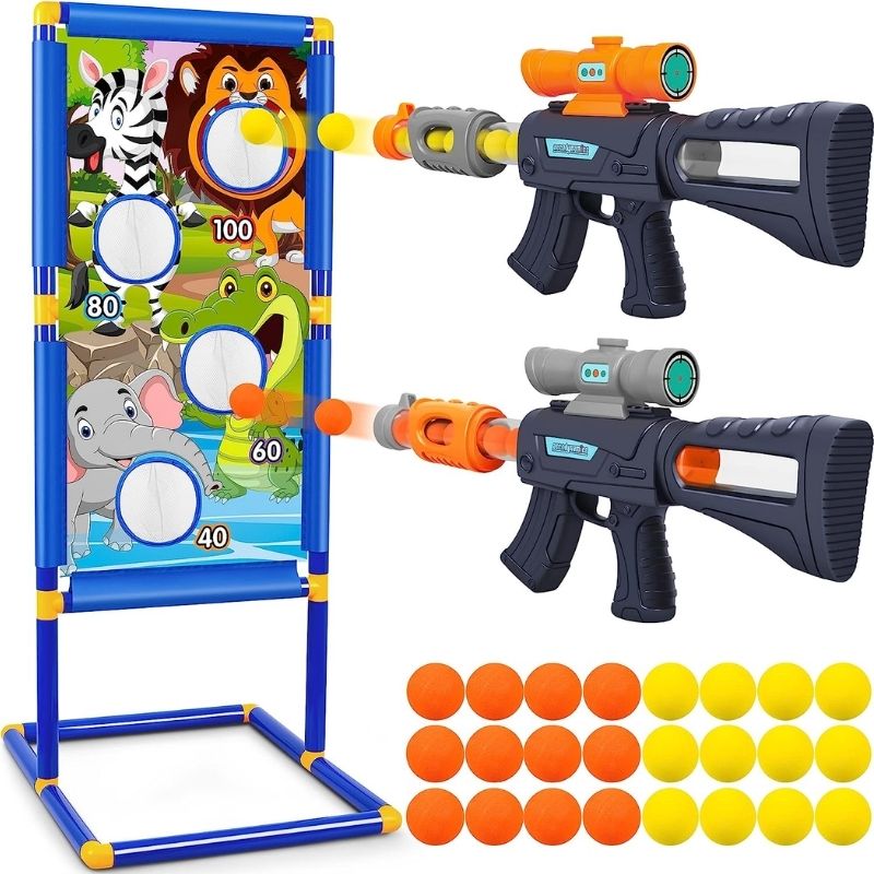 Shooting Game Toy for 5 6 7 8 9 10+ Years Old Boys Girls, 2pk Foam Popper Air Guns with Animal Shooting Target and 24 Foam Balls Bullet,Indoor Outdoor Activity Games, Birthday Easter Gifts for Kids